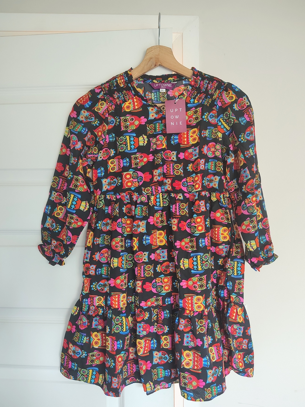 Girls Black Owl-Print Casual Dress